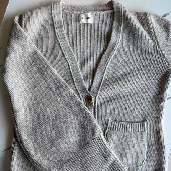 Khaite Beige 100% Wool Ribbed Cardigan | V-Neck with Tortoise Buttons + Pockets - Picture 1 of 7